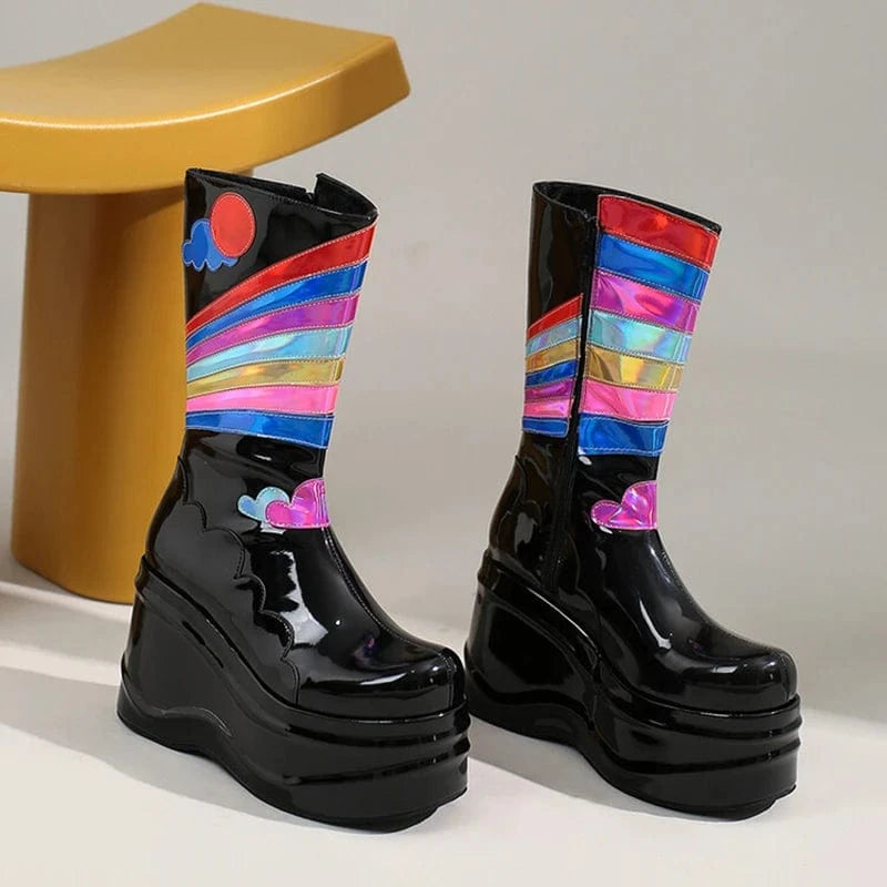 Rainbow Color Print Fashion Side Zip Short Booty Round Toe Thick Heel Shoes Wedges Women Half Knee High Boots Black Size 44