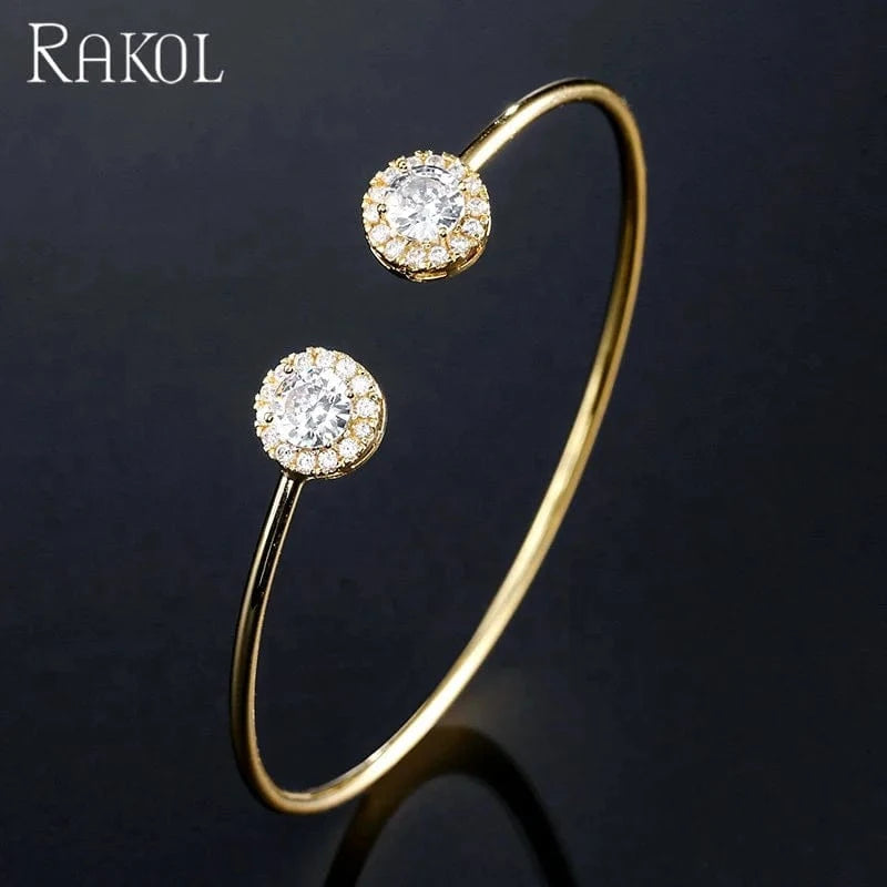 RAKOL BP2195 New 2023 18k Gold Plated CZ Crystal Round Zircon Cuff Bangle Bracelet Wedding Dubai Gold Bangle For Women Bridal