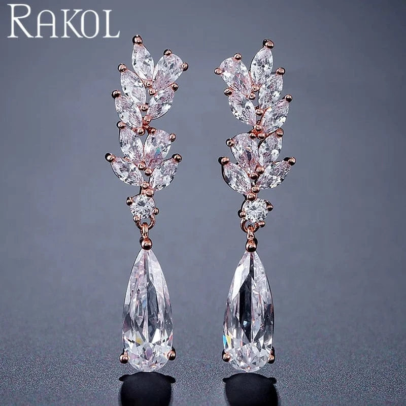 RAKOL EP050L Women Fine Jewelry Teardrop Dangle Earrings 925 Sterling Silver Earrings Crystal Wedding Bridal Earrings Jewelry