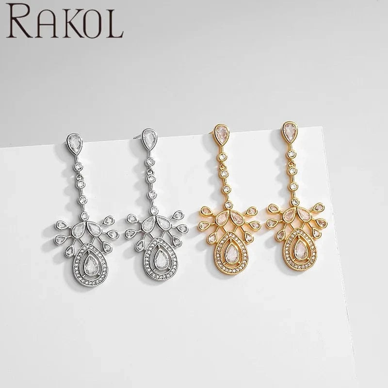 RAKOL EP5481 indian style fashion water drop diamond 18k gold plated stainless steel dangle earrings for women