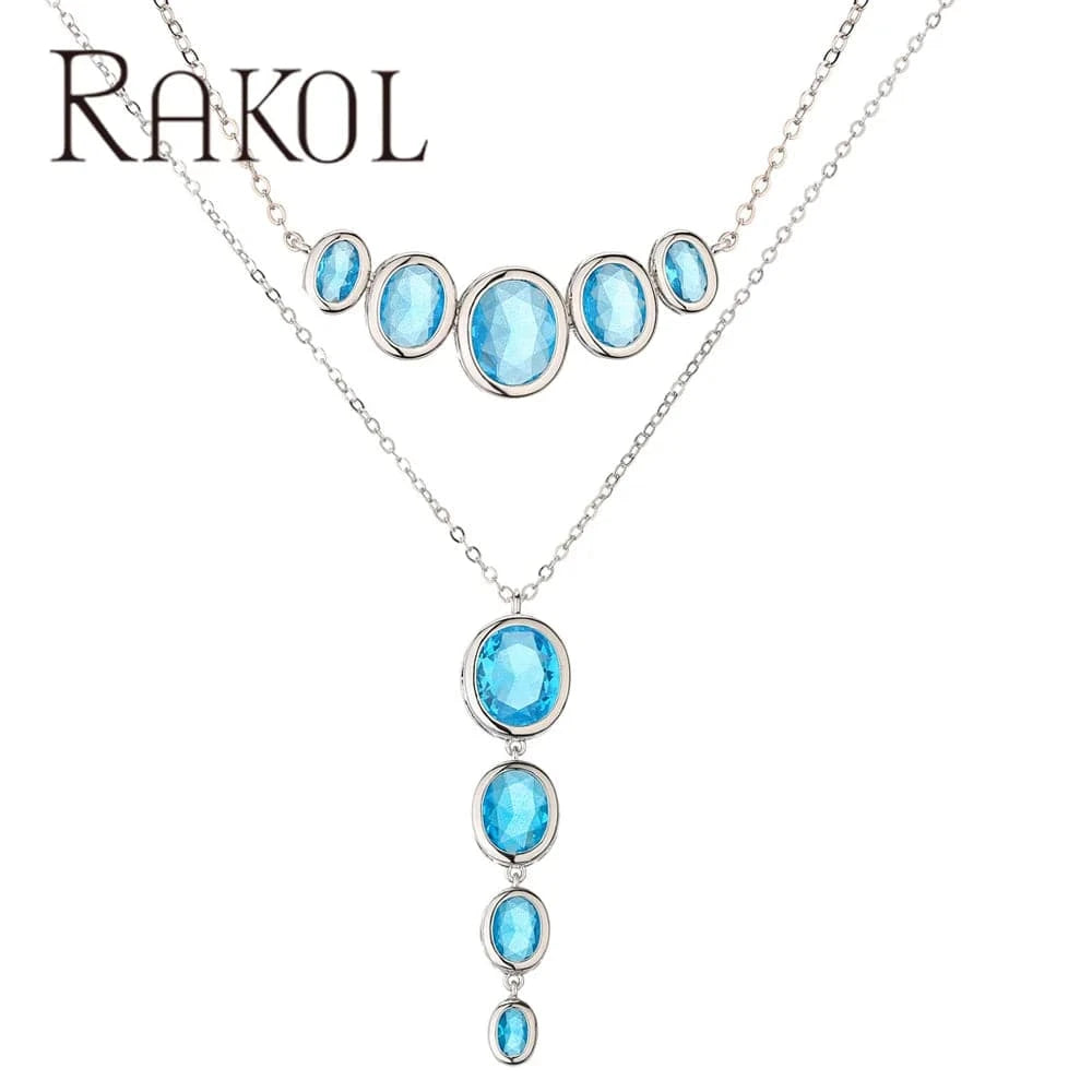 Rakol NP5187 Emerald Necklace Dainty Silver Pendant Necklaces Oval Shape Blue Zircon Necklace For Women Girl Jewelry Gifts