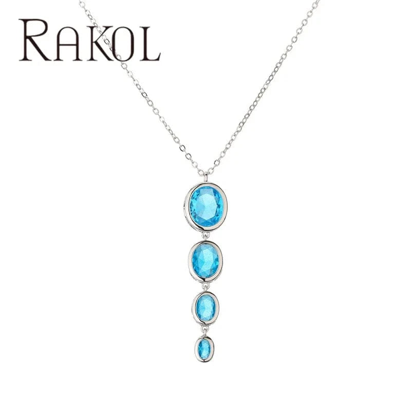 Rakol NP5187 Emerald Necklace Dainty Silver Pendant Necklaces Oval Shape Blue Zircon Necklace For Women Girl Jewelry Gifts