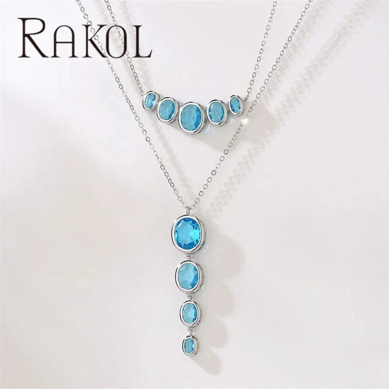 Rakol NP5187 Emerald Necklace Dainty Silver Pendant Necklaces Oval Shape Blue Zircon Necklace For Women Girl Jewelry Gifts