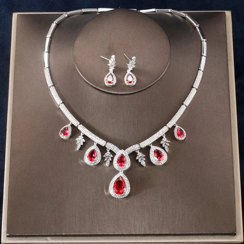 RAKOL SP227 Wedding Bridal Fuchsia Rose Big Drop Zircon Pendant Necklace Earrings Jewelry Set