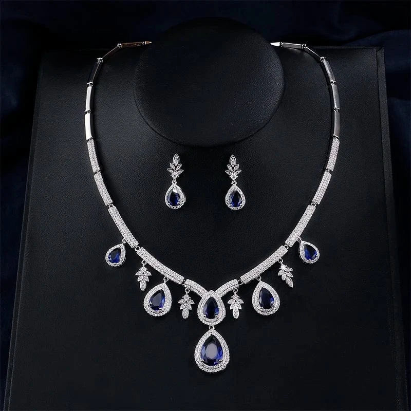 RAKOL SP227 Wedding Bridal Fuchsia Rose Big Drop Zircon Pendant Necklace Earrings Jewelry Set