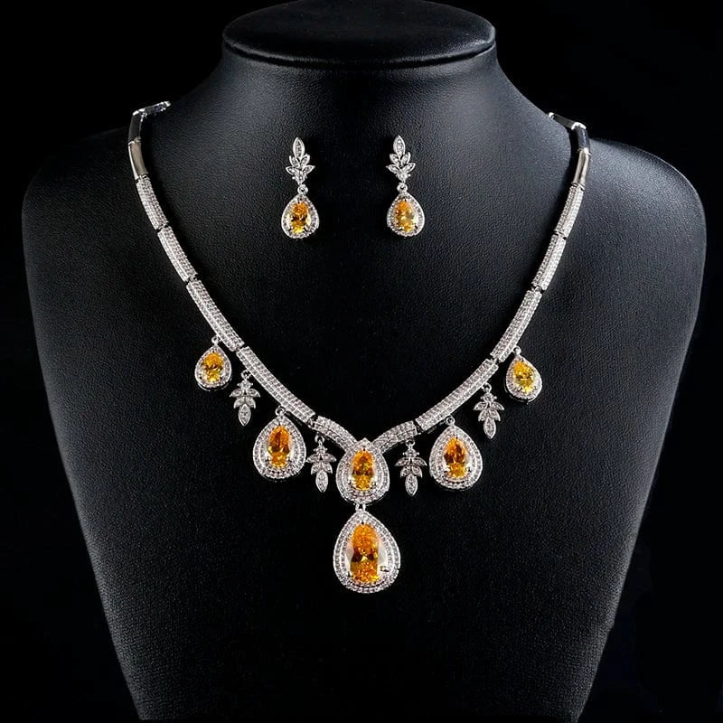 RAKOL SP227 Wedding Bridal Fuchsia Rose Big Drop Zircon Pendant Necklace Earrings Jewelry Set
