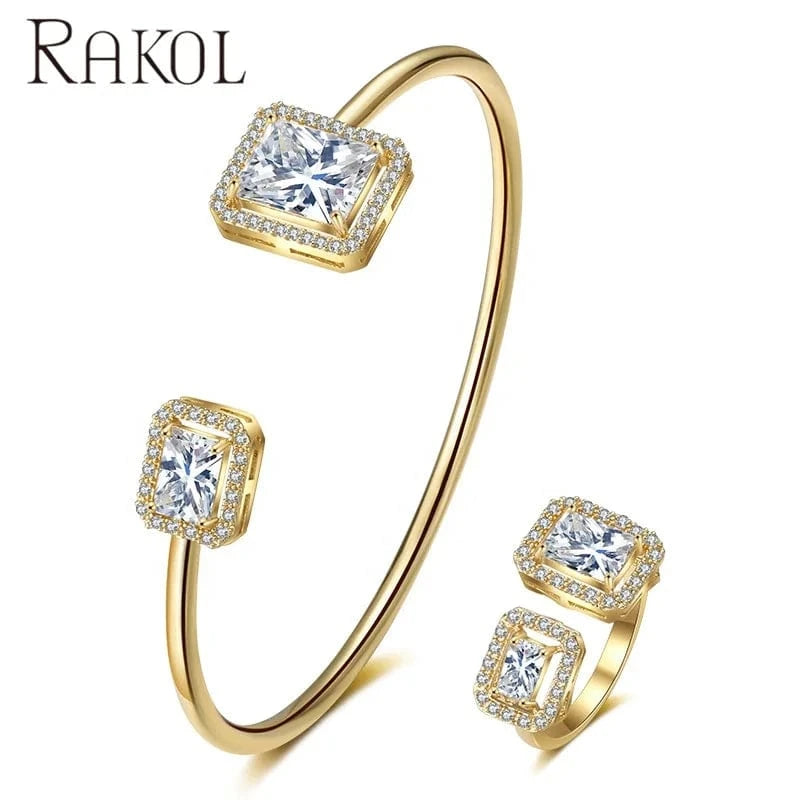 RAKOL SP3172  popular Bracelet Set exquisite gemstone open rings and bracelet jewelry set gold plated women jewelry