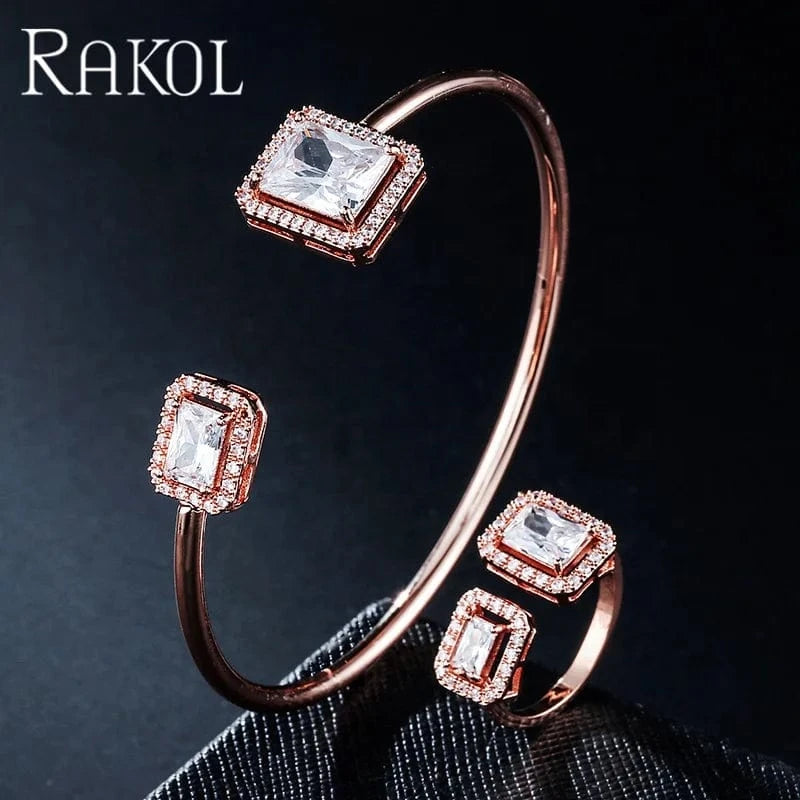 RAKOL SP3172  popular Bracelet Set exquisite gemstone open rings and bracelet jewelry set gold plated women jewelry