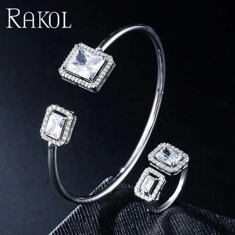 RAKOL SP3172  popular Bracelet Set exquisite gemstone open rings and bracelet jewelry set gold plated women jewelry