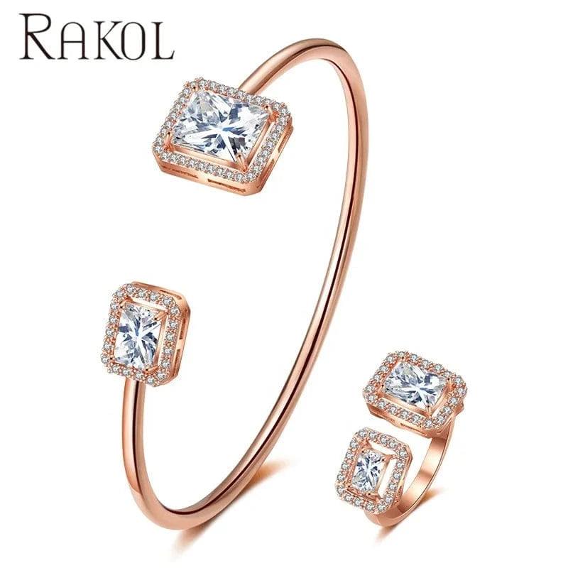 RAKOL SP3172  popular Bracelet Set exquisite gemstone open rings and bracelet jewelry set gold plated women jewelry