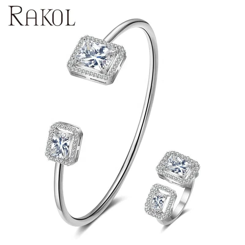 RAKOL SP3172  popular Bracelet Set exquisite gemstone open rings and bracelet jewelry set gold plated women jewelry