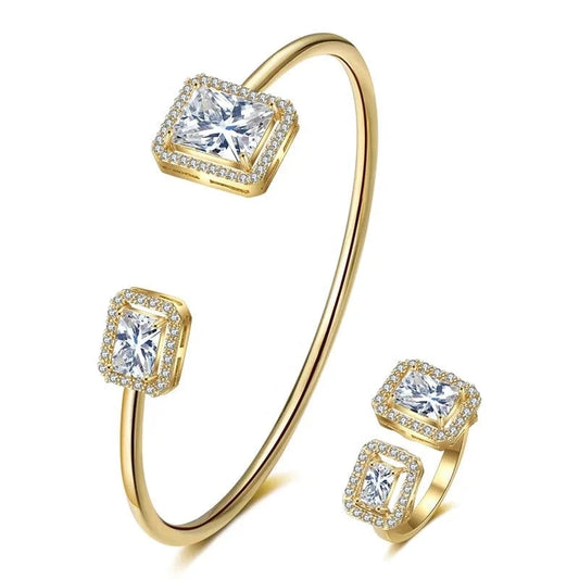 RAKOL SP3172  popular Bracelet Set exquisite gemstone open rings and bracelet jewelry set gold plated women jewelry