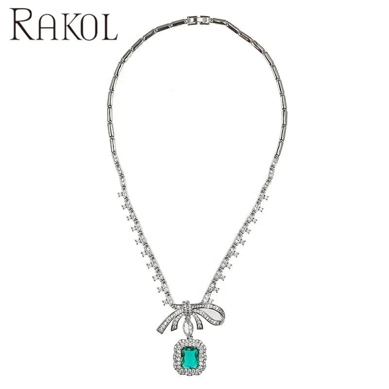 RAKOL ZPS220 Romantic Square Zircon Crystal Necklace Jewelry Set Bowknot Earrings Jewelry Set For Wedding Party Jewelry