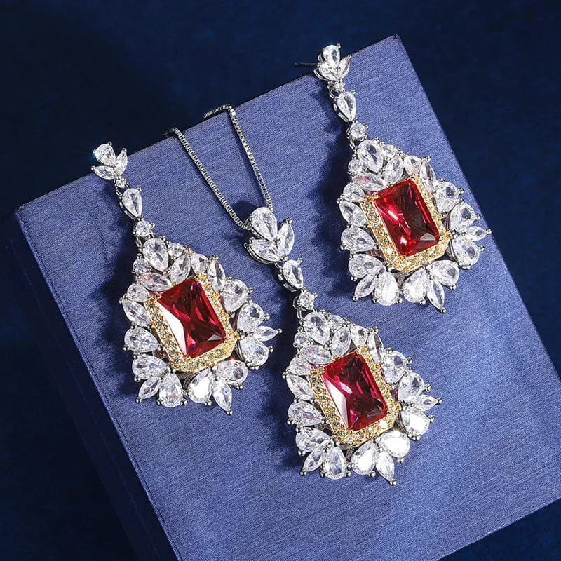 RAKOL ZS036 Hot Selling Luxury Lovely Heart Pendant Necklace Red Zirconia Earring Jewelry Valentine's Gift Wedding Sets 2023