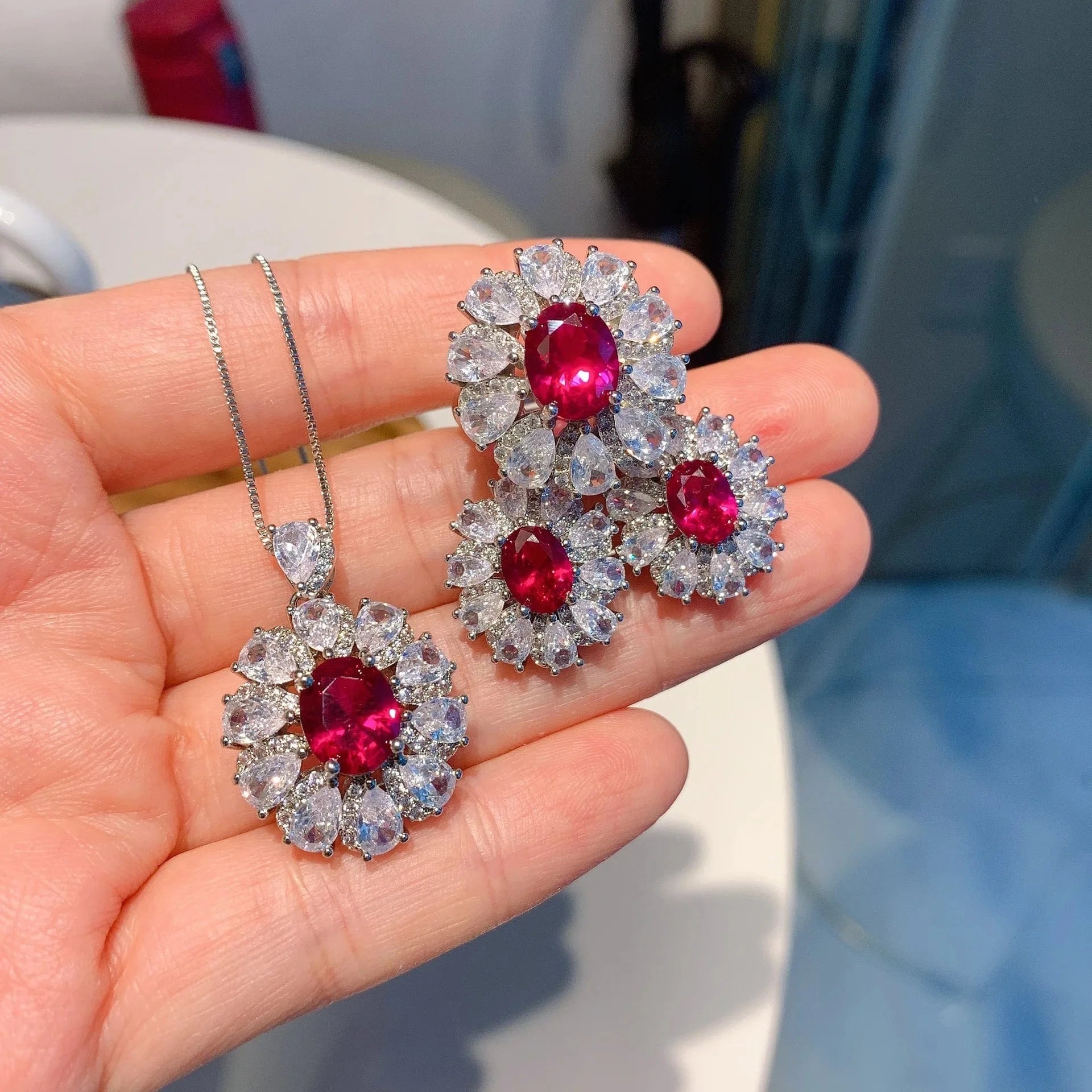 RAKOL ZS036 Hot Selling Luxury Lovely Heart Pendant Necklace Red Zirconia Earring Jewelry Valentine's Gift Wedding Sets 2023