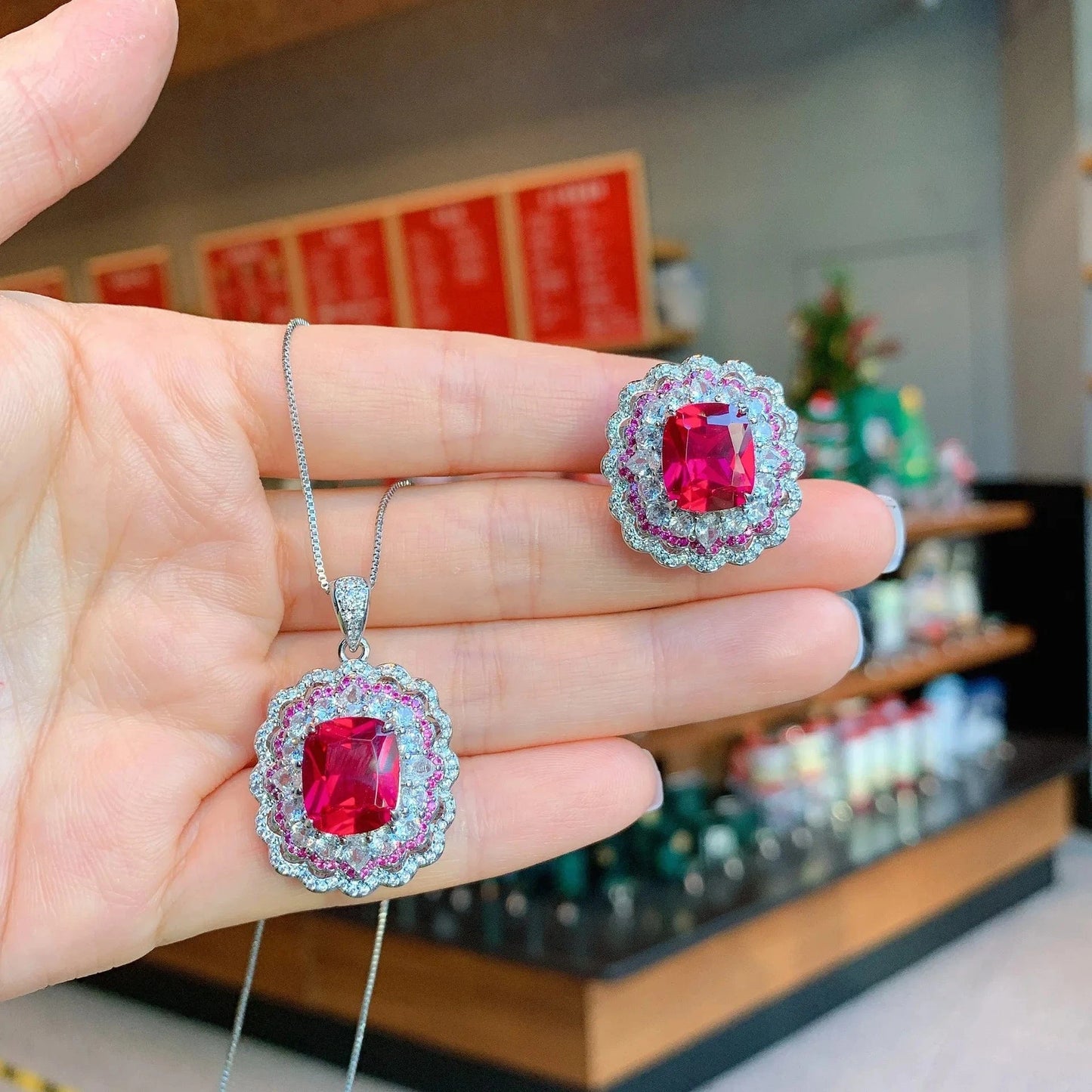 RAKOL ZS036 Hot Selling Luxury Lovely Heart Pendant Necklace Red Zirconia Earring Jewelry Valentine's Gift Wedding Sets 2023