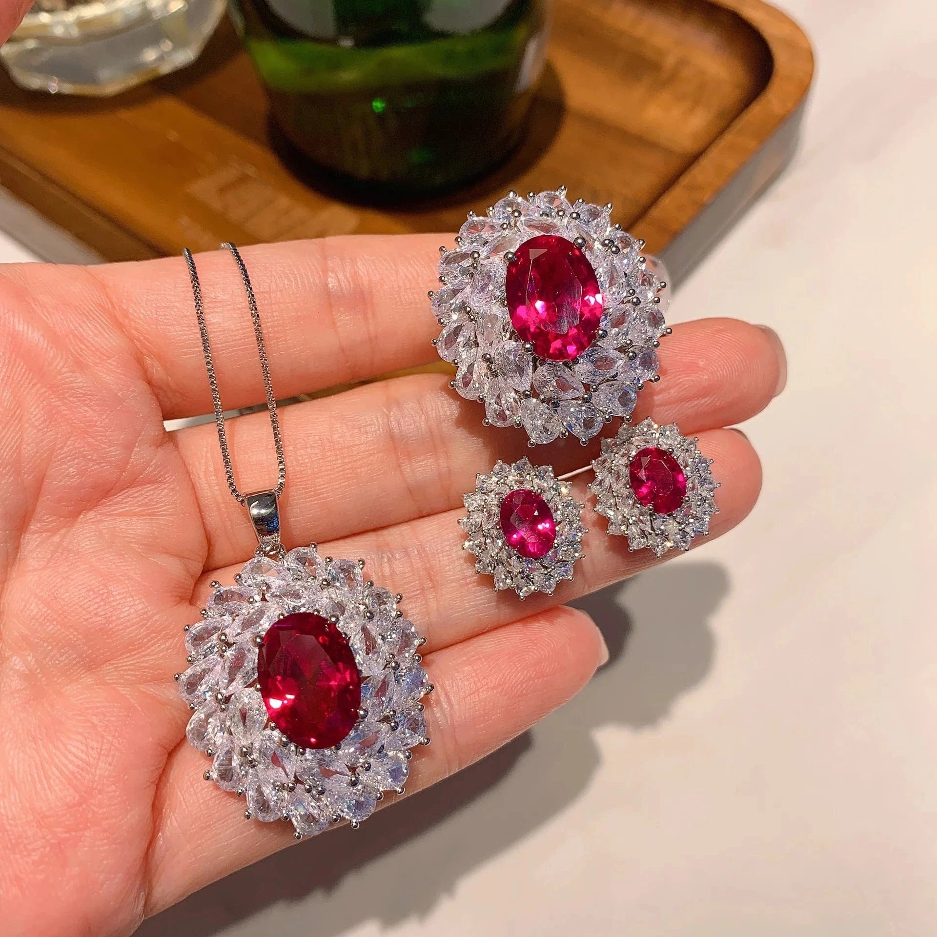 RAKOL ZS036 Hot Selling Luxury Lovely Heart Pendant Necklace Red Zirconia Earring Jewelry Valentine's Gift Wedding Sets 2023