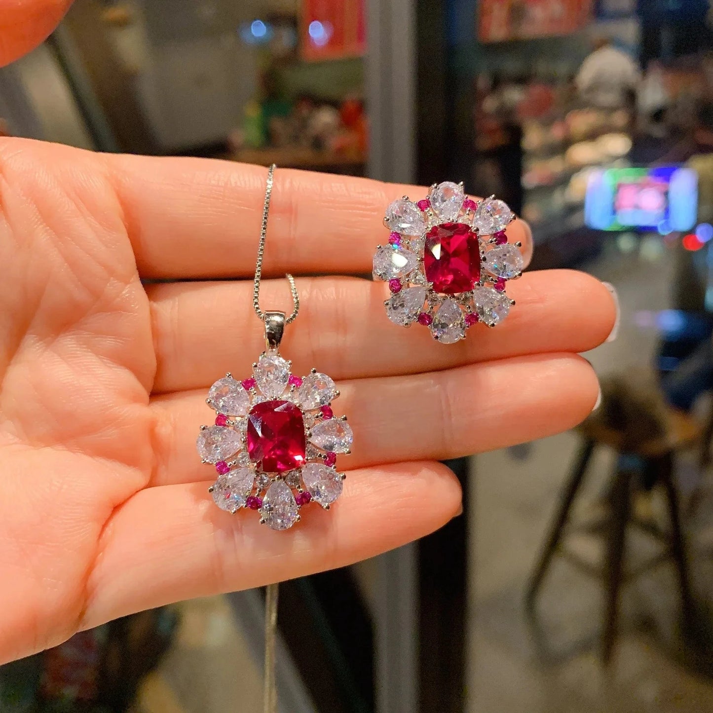 RAKOL ZS036 Hot Selling Luxury Lovely Heart Pendant Necklace Red Zirconia Earring Jewelry Valentine's Gift Wedding Sets 2023