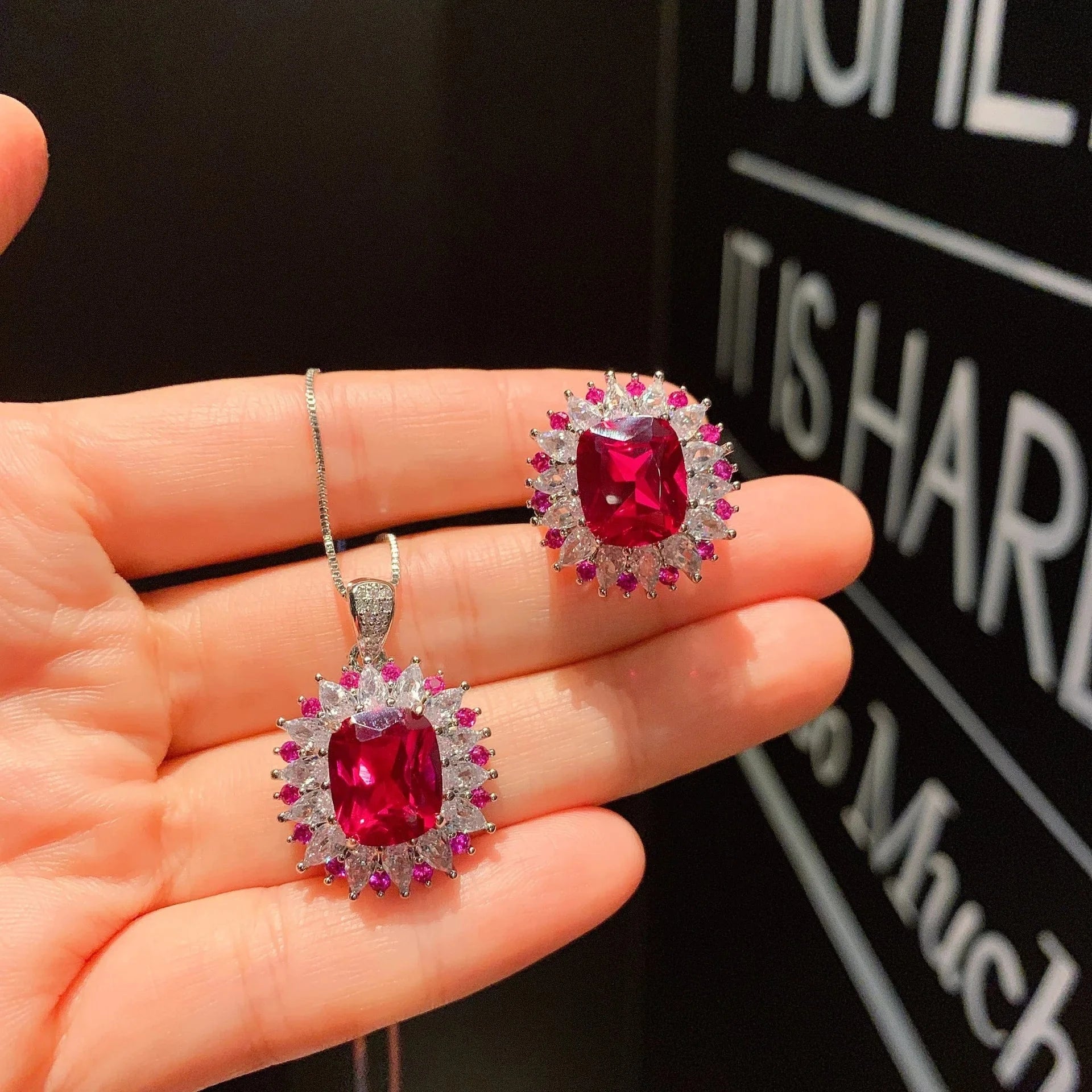 RAKOL ZS036 Hot Selling Luxury Lovely Heart Pendant Necklace Red Zirconia Earring Jewelry Valentine's Gift Wedding Sets 2023