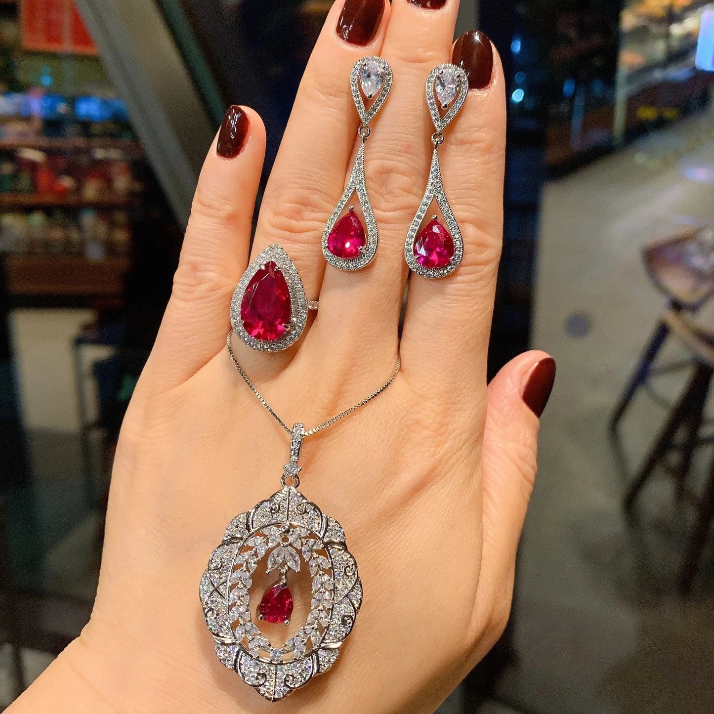 RAKOL ZS036 Hot Selling Luxury Lovely Heart Pendant Necklace Red Zirconia Earring Jewelry Valentine's Gift Wedding Sets 2023