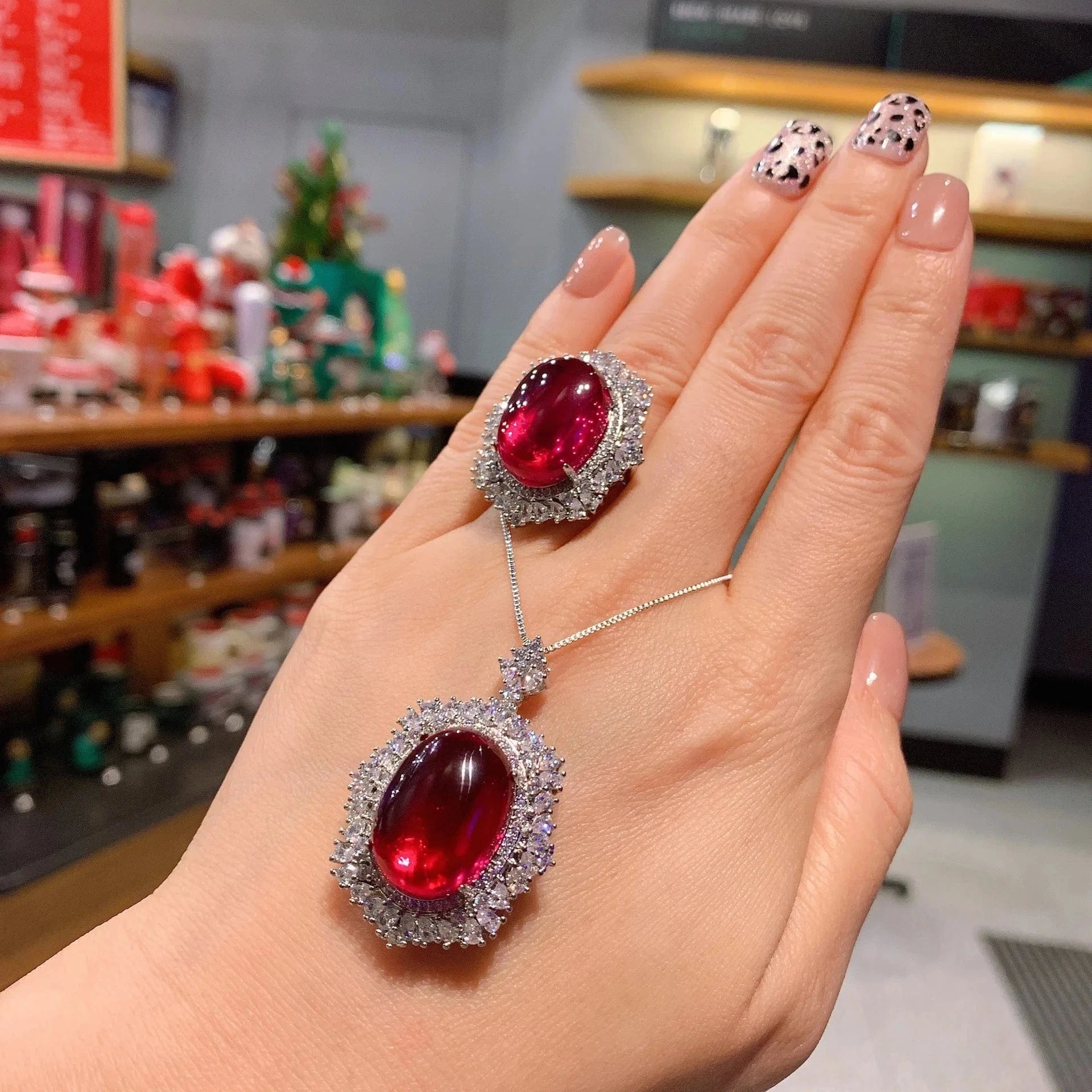 RAKOL ZS036 Hot Selling Luxury Lovely Heart Pendant Necklace Red Zirconia Earring Jewelry Valentine's Gift Wedding Sets 2023