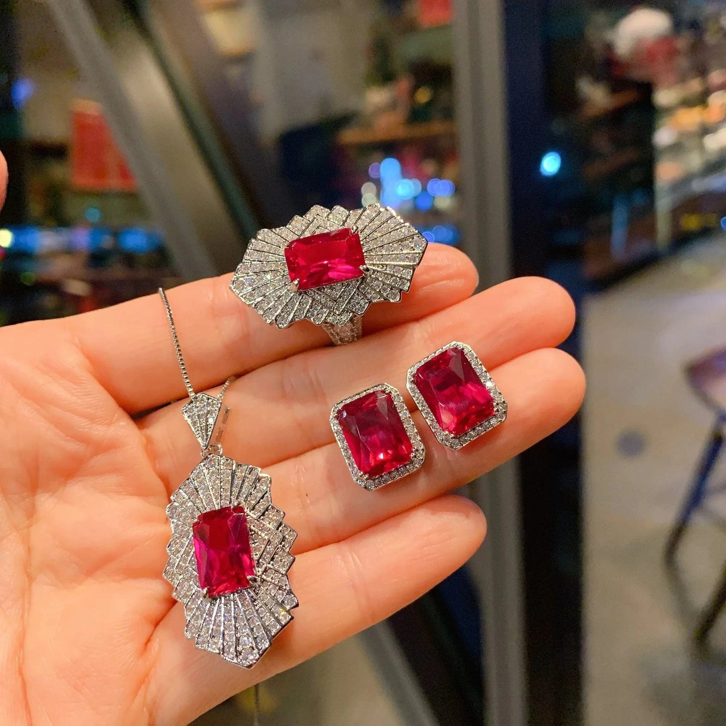 RAKOL ZS036 Hot Selling Luxury Lovely Heart Pendant Necklace Red Zirconia Earring Jewelry Valentine's Gift Wedding Sets 2023