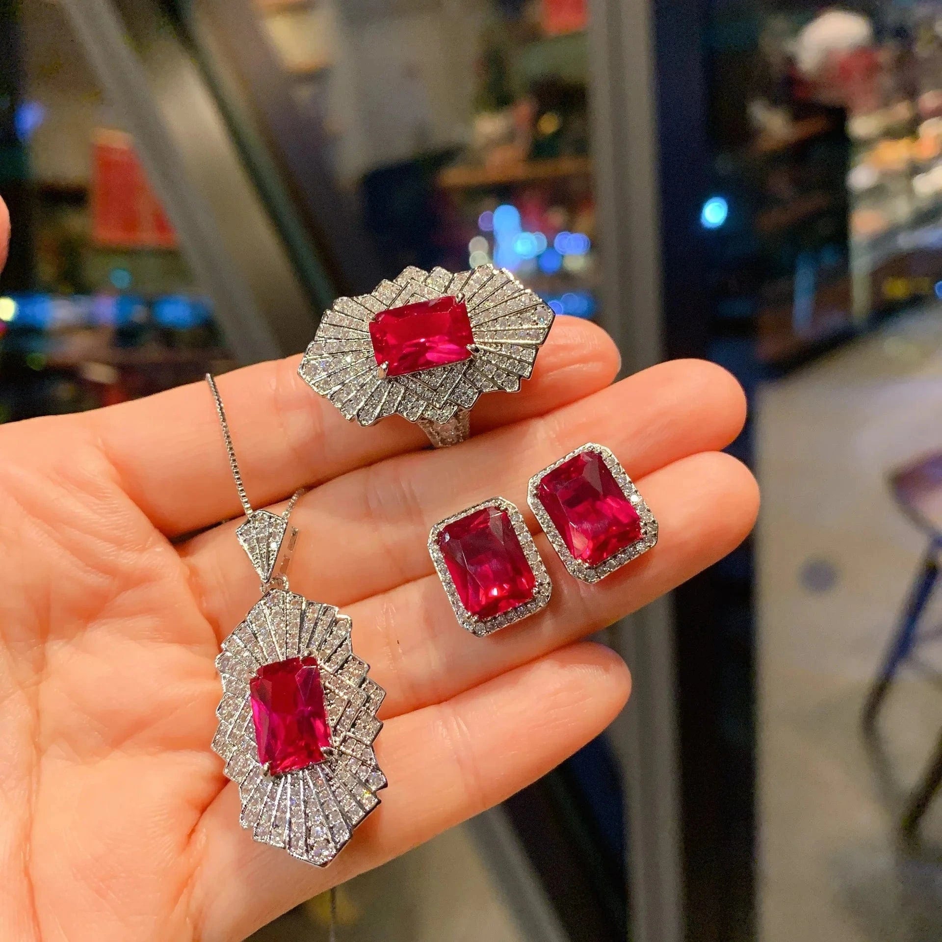 RAKOL ZS036 Hot Selling Luxury Lovely Heart Pendant Necklace Red Zirconia Earring Jewelry Valentine's Gift Wedding Sets 2023