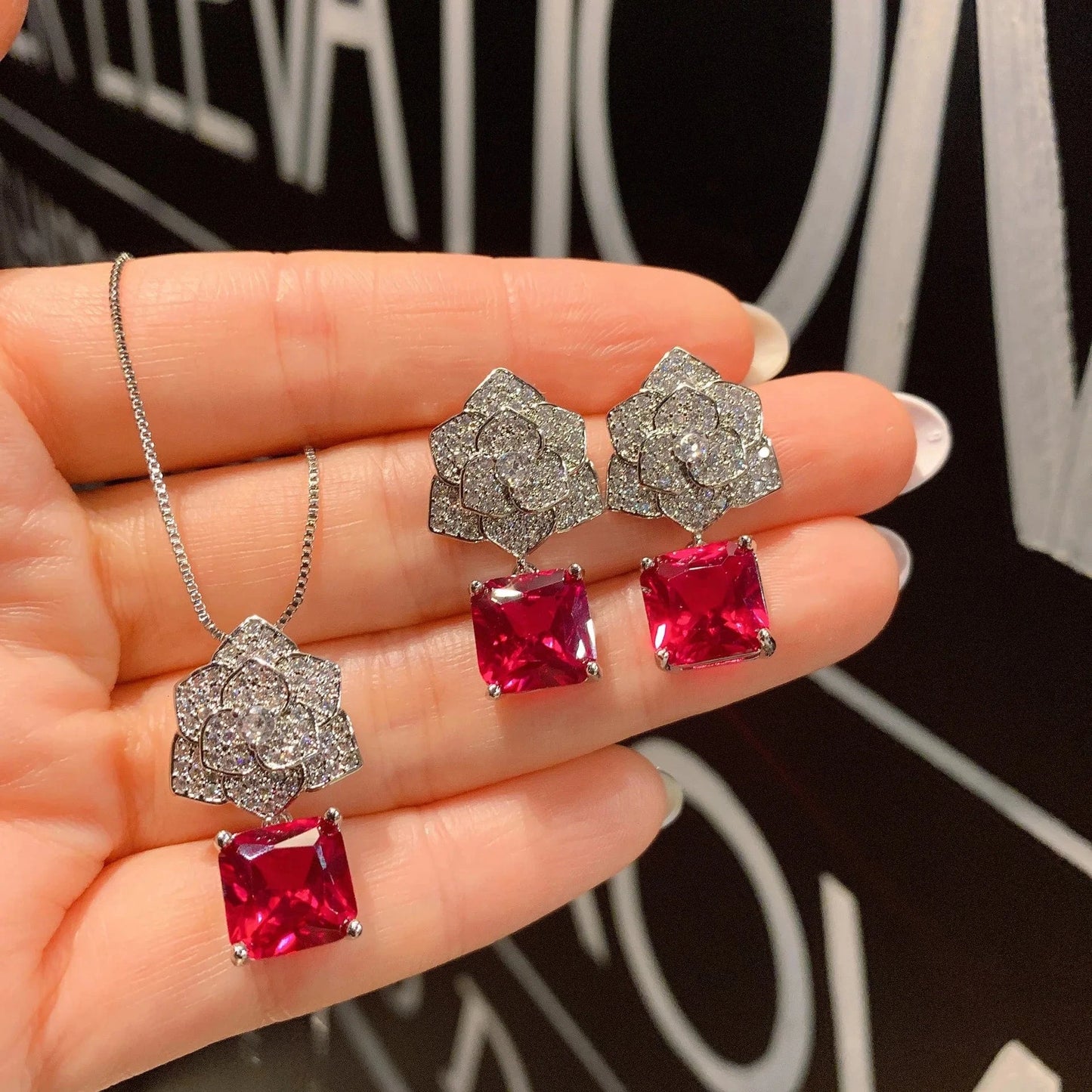 RAKOL ZS036 Hot Selling Luxury Lovely Heart Pendant Necklace Red Zirconia Earring Jewelry Valentine's Gift Wedding Sets 2023