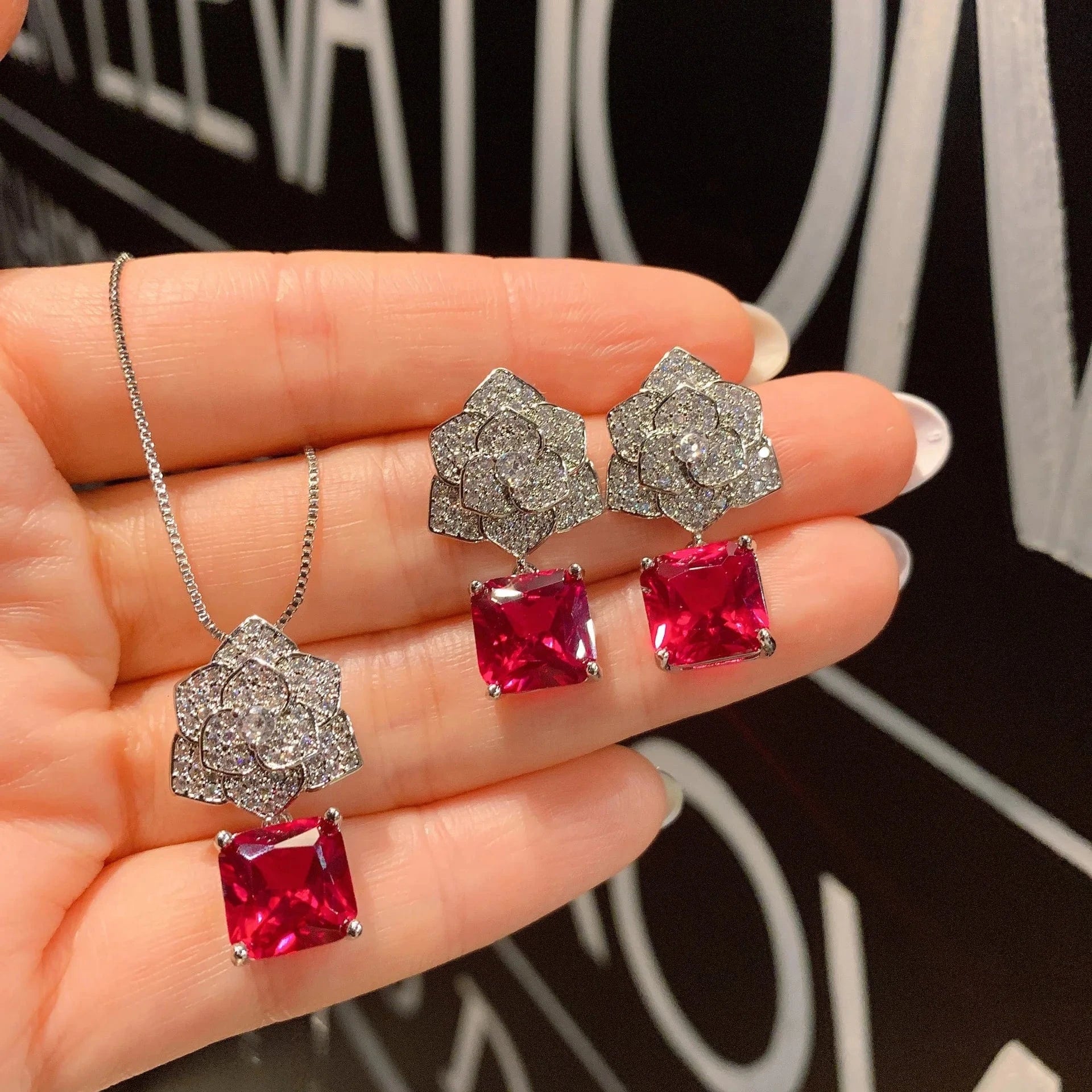 RAKOL ZS036 Hot Selling Luxury Lovely Heart Pendant Necklace Red Zirconia Earring Jewelry Valentine's Gift Wedding Sets 2023