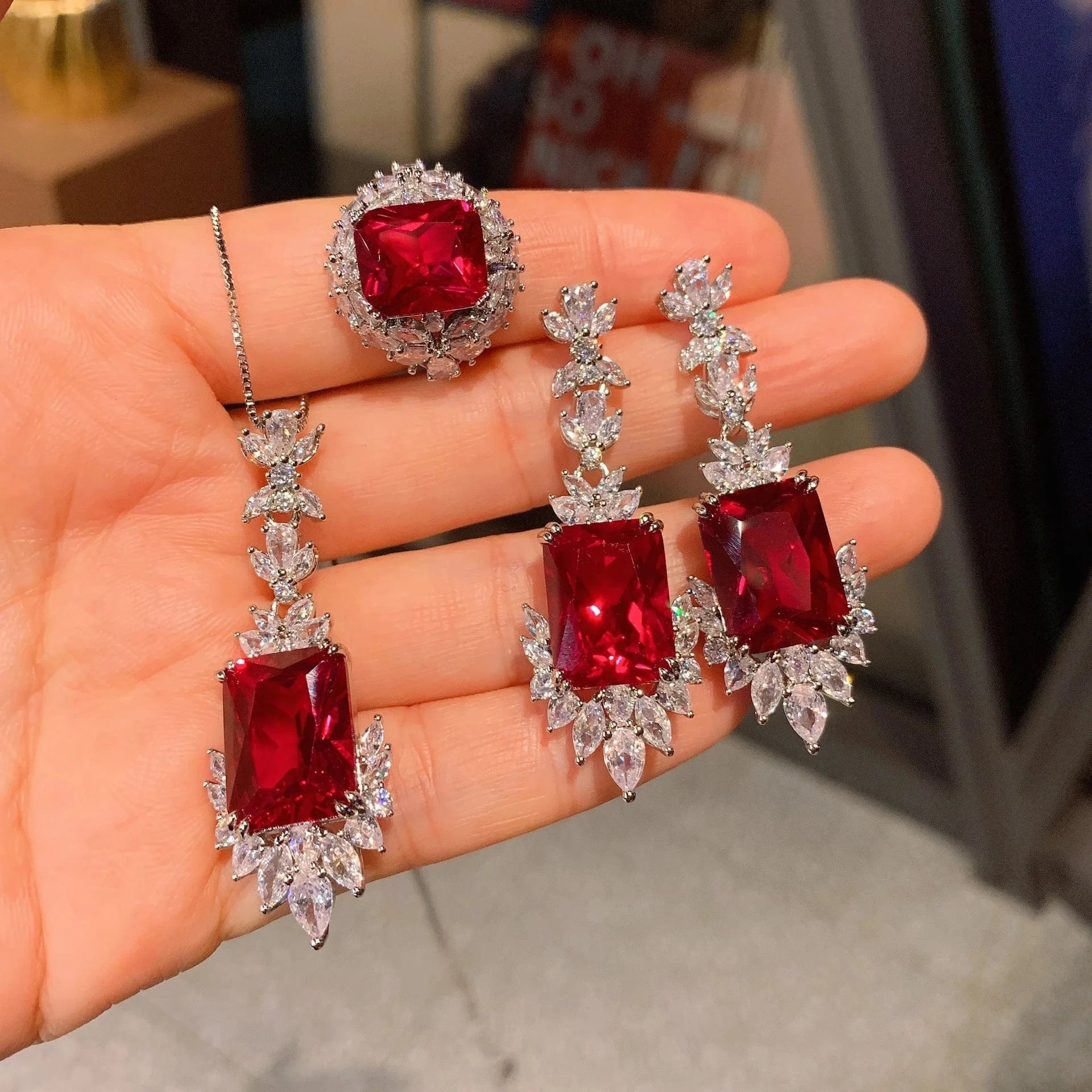 RAKOL ZS036 Hot Selling Luxury Lovely Heart Pendant Necklace Red Zirconia Earring Jewelry Valentine's Gift Wedding Sets 2023