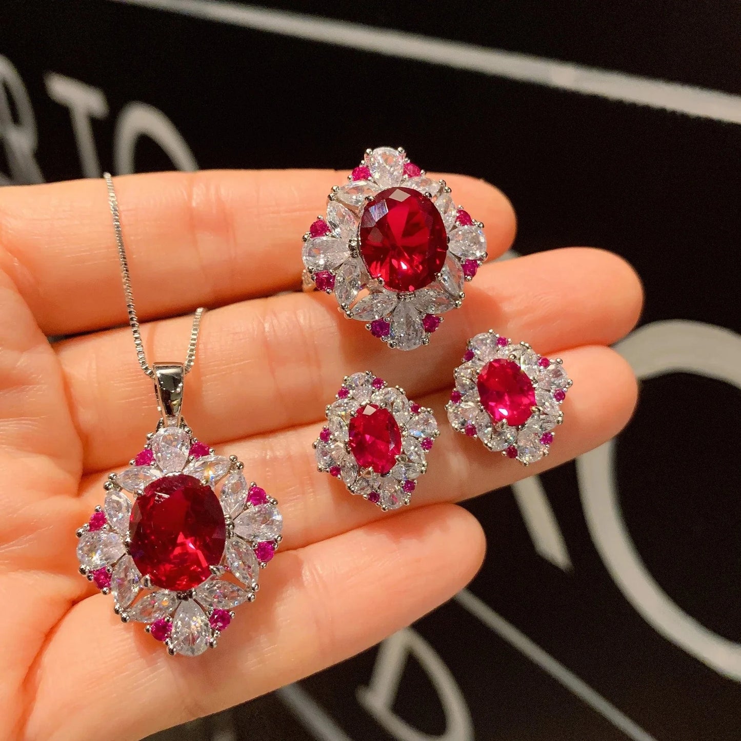 RAKOL ZS036 Hot Selling Luxury Lovely Heart Pendant Necklace Red Zirconia Earring Jewelry Valentine's Gift Wedding Sets 2023