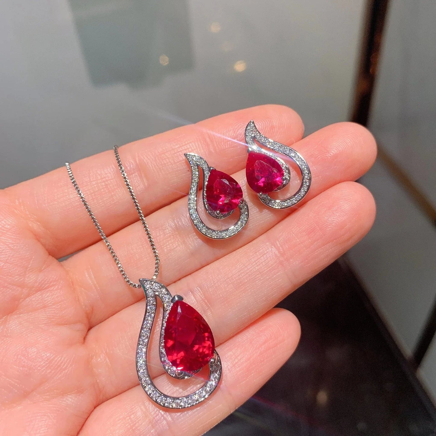 RAKOL ZS036 Hot Selling Luxury Lovely Heart Pendant Necklace Red Zirconia Earring Jewelry Valentine's Gift Wedding Sets 2023