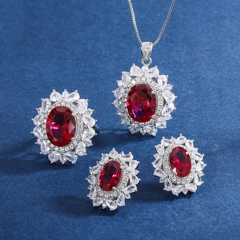 RAKOL ZS036 Hot Selling Luxury Lovely Heart Pendant Necklace Red Zirconia Earring Jewelry Valentine's Gift Wedding Sets 2023