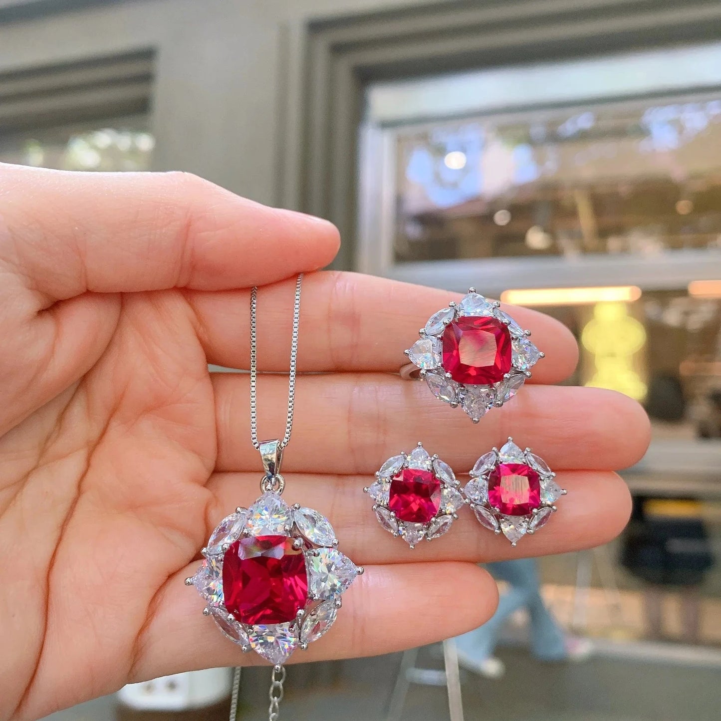 RAKOL ZS036 Hot Selling Luxury Lovely Heart Pendant Necklace Red Zirconia Earring Jewelry Valentine's Gift Wedding Sets 2023