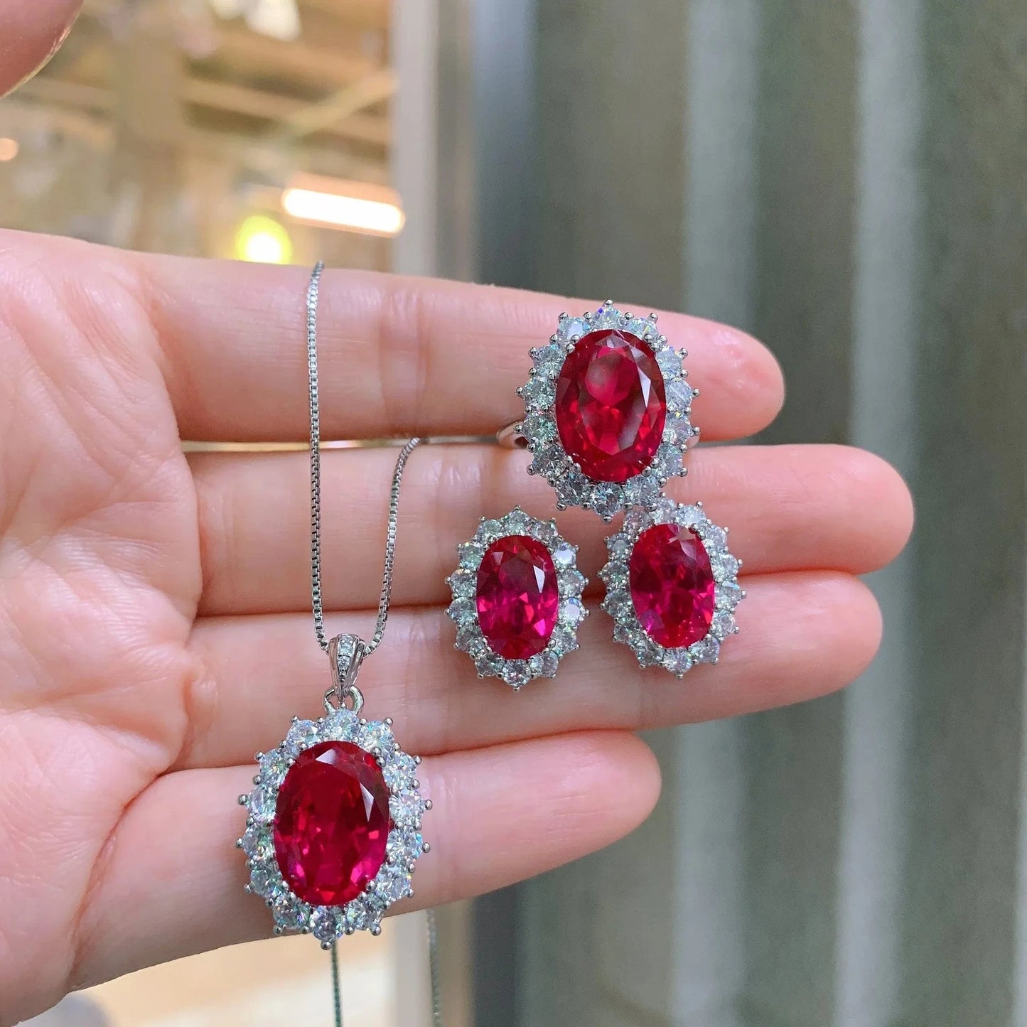 RAKOL ZS036 Hot Selling Luxury Lovely Heart Pendant Necklace Red Zirconia Earring Jewelry Valentine's Gift Wedding Sets 2023
