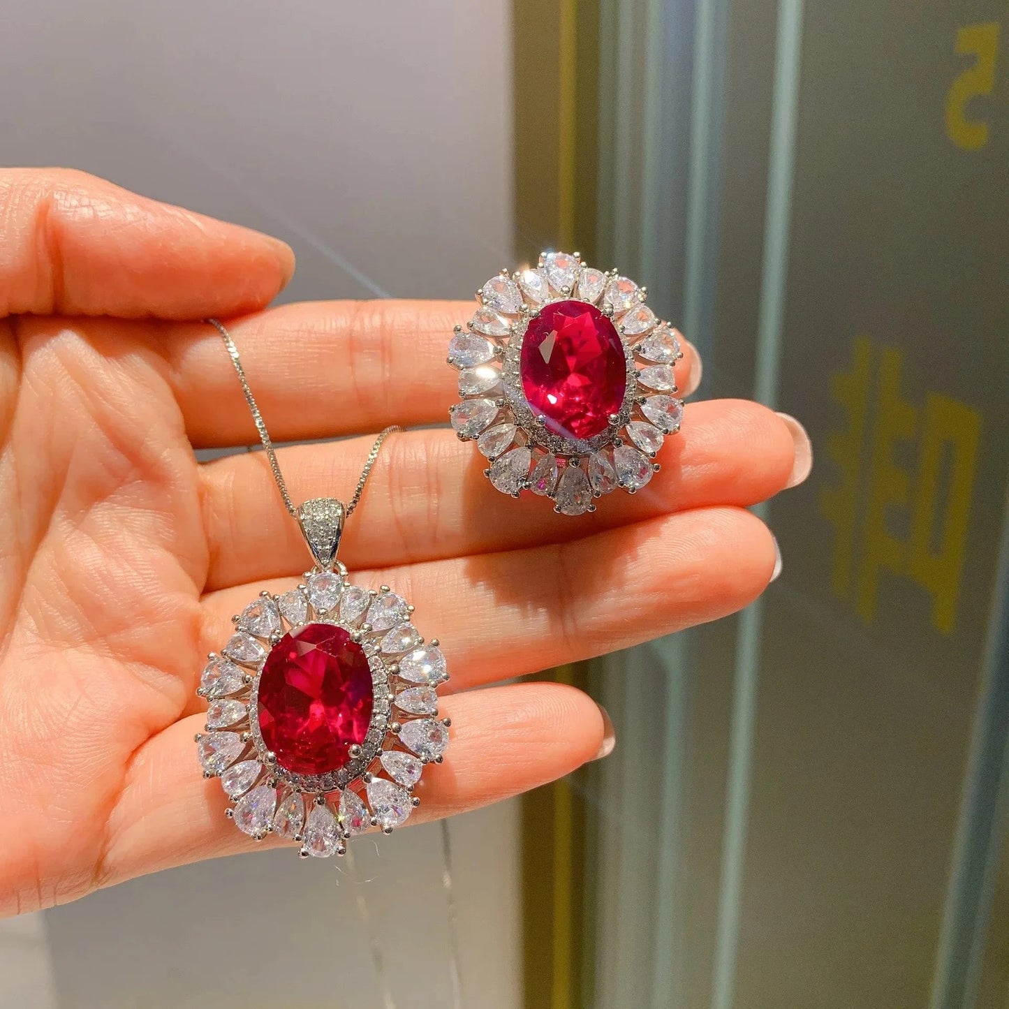 RAKOL ZS036 Hot Selling Luxury Lovely Heart Pendant Necklace Red Zirconia Earring Jewelry Valentine's Gift Wedding Sets 2023