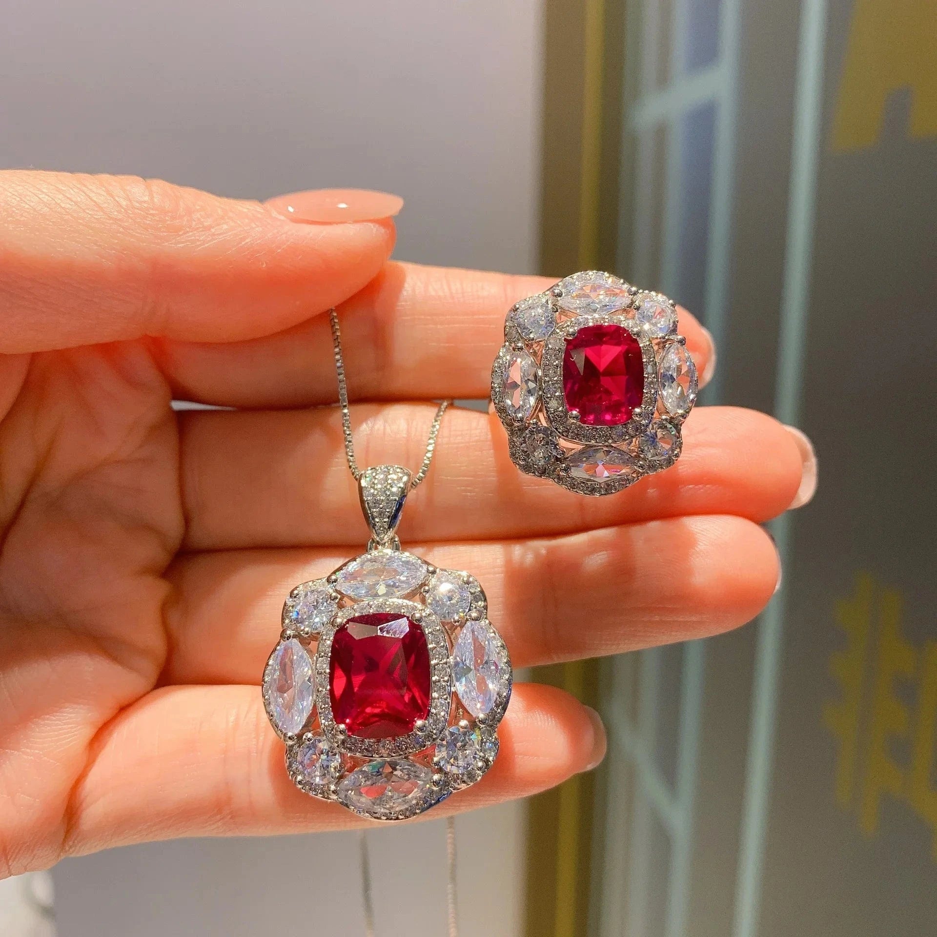RAKOL ZS036 Hot Selling Luxury Lovely Heart Pendant Necklace Red Zirconia Earring Jewelry Valentine's Gift Wedding Sets 2023