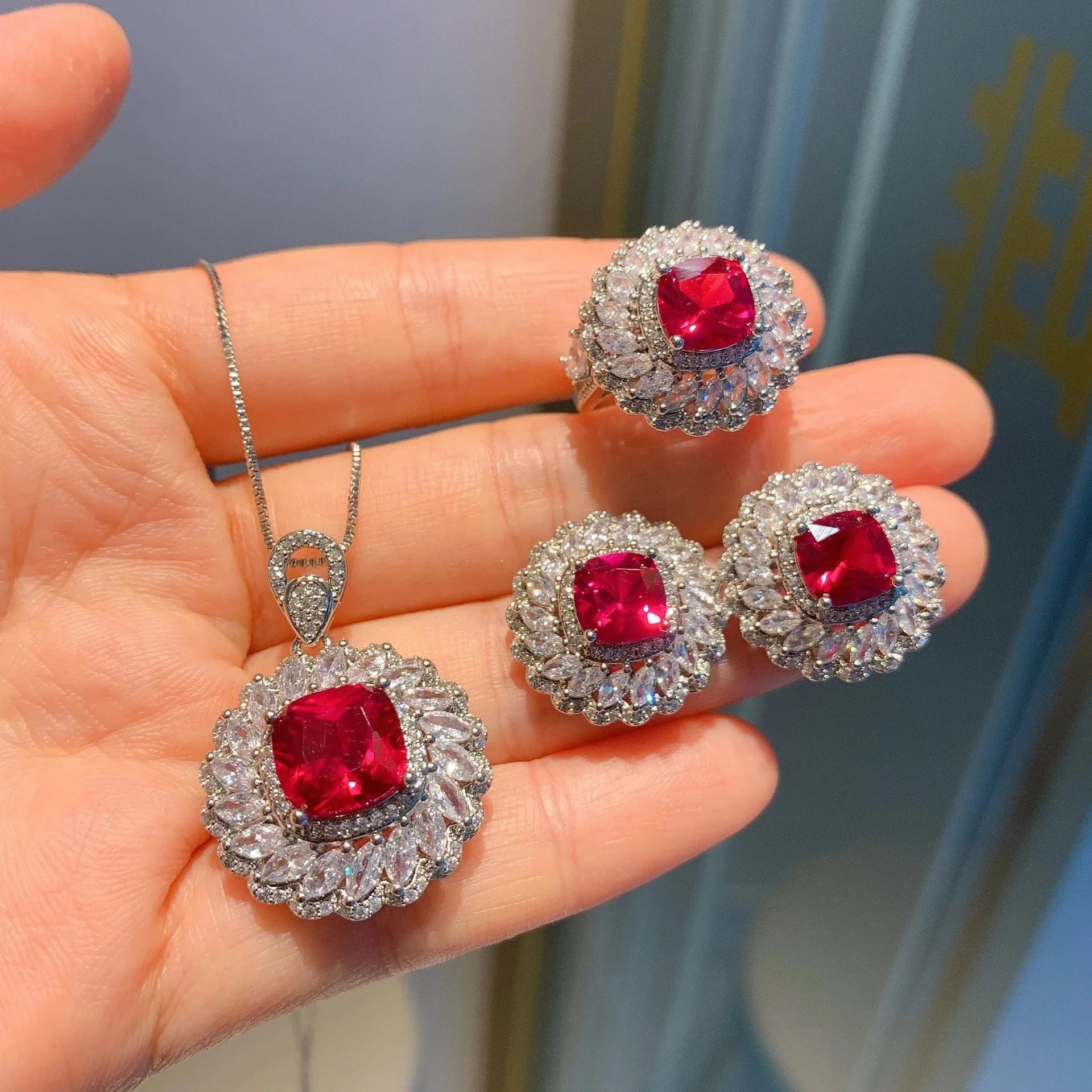RAKOL ZS036 Hot Selling Luxury Lovely Heart Pendant Necklace Red Zirconia Earring Jewelry Valentine's Gift Wedding Sets 2023