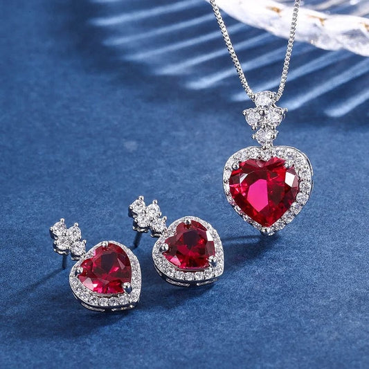 RAKOL ZS036 Hot Selling Luxury Lovely Heart Pendant Necklace Red Zirconia Earring Jewelry Valentine's Gift Wedding Sets 2023