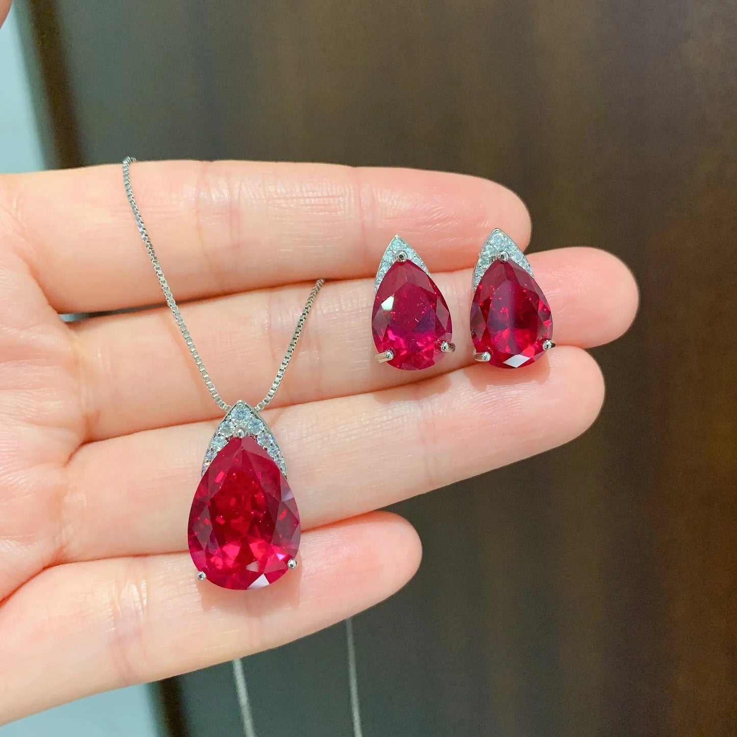 RAKOL ZS036 Hot Selling Luxury Lovely Heart Pendant Necklace Red Zirconia Earring Jewelry Valentine's Gift Wedding Sets 2023