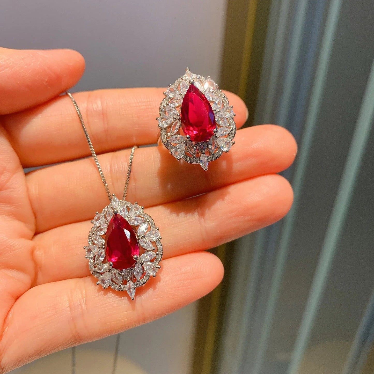 RAKOL ZS036 Hot Selling Luxury Lovely Heart Pendant Necklace Red Zirconia Earring Jewelry Valentine's Gift Wedding Sets 2023