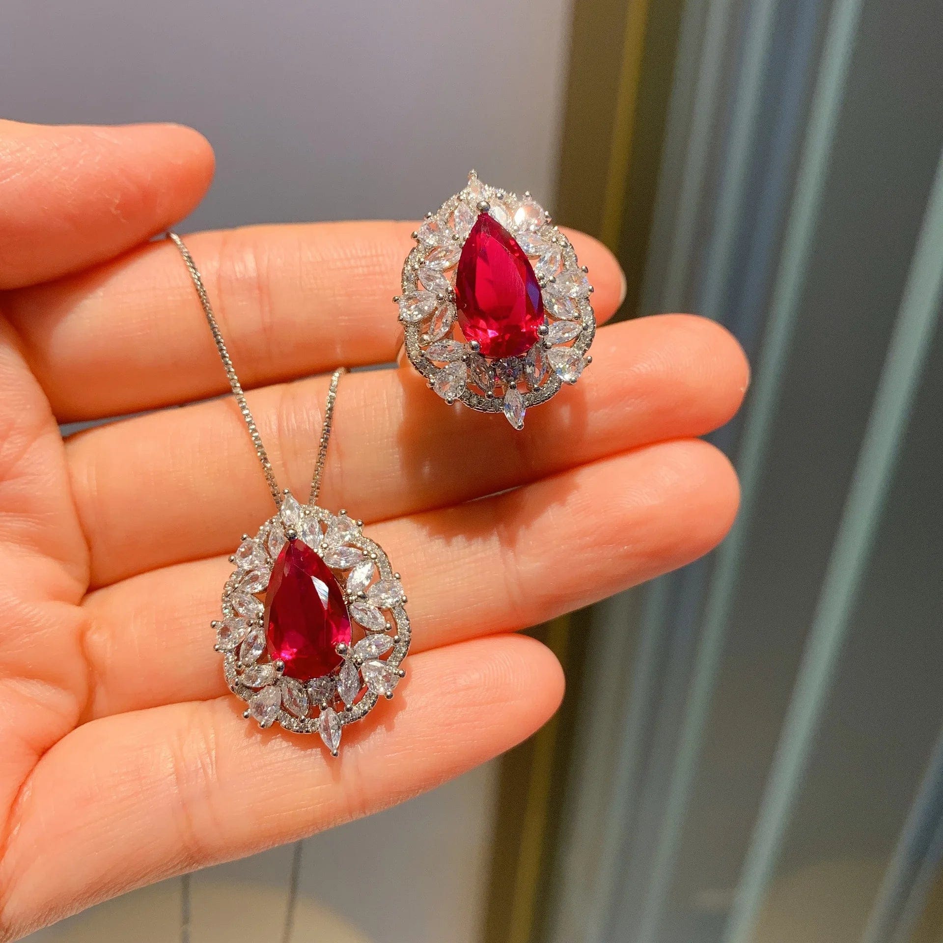 RAKOL ZS036 Hot Selling Luxury Lovely Heart Pendant Necklace Red Zirconia Earring Jewelry Valentine's Gift Wedding Sets 2023
