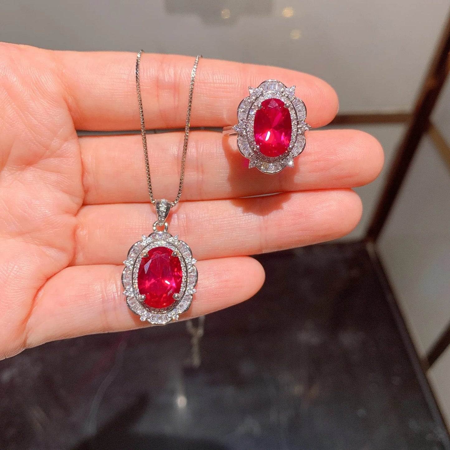 RAKOL ZS036 Hot Selling Luxury Lovely Heart Pendant Necklace Red Zirconia Earring Jewelry Valentine's Gift Wedding Sets 2023