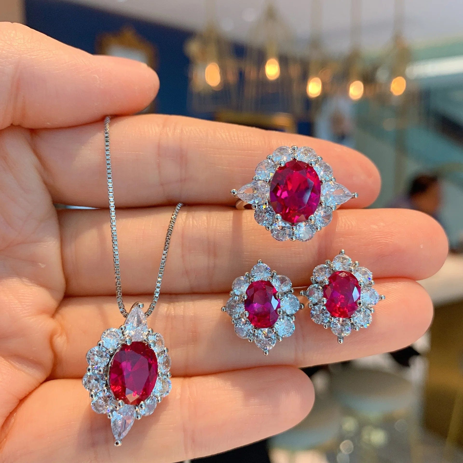 RAKOL ZS036 Hot Selling Luxury Lovely Heart Pendant Necklace Red Zirconia Earring Jewelry Valentine's Gift Wedding Sets 2023