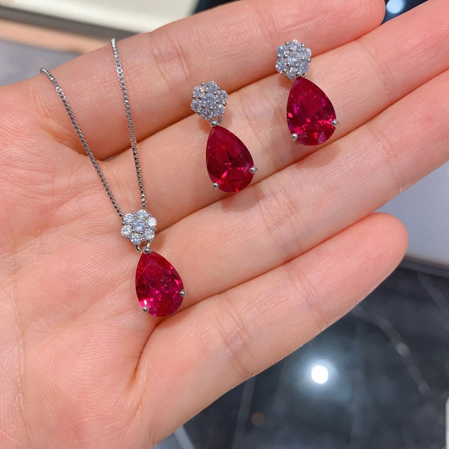 RAKOL ZS036 Hot Selling Luxury Lovely Heart Pendant Necklace Red Zirconia Earring Jewelry Valentine's Gift Wedding Sets 2023