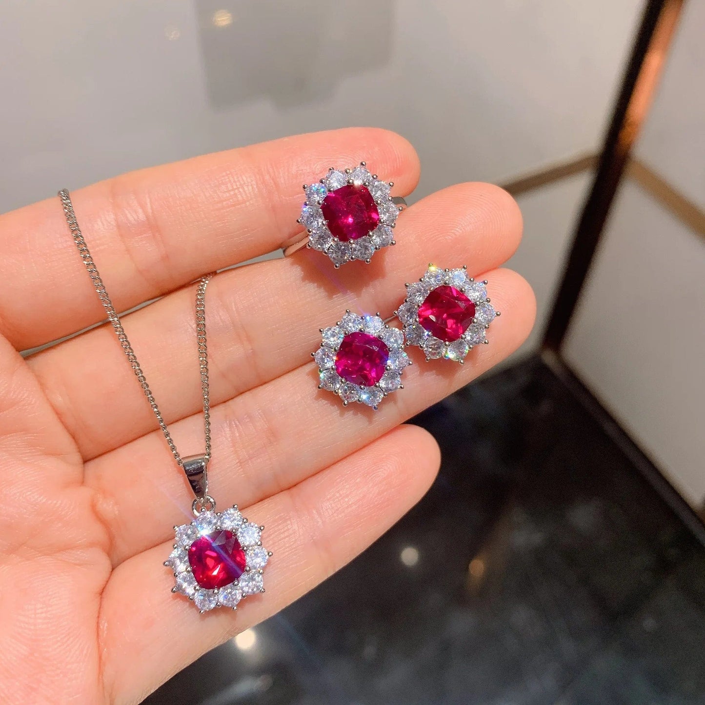 RAKOL ZS036 Hot Selling Luxury Lovely Heart Pendant Necklace Red Zirconia Earring Jewelry Valentine's Gift Wedding Sets 2023