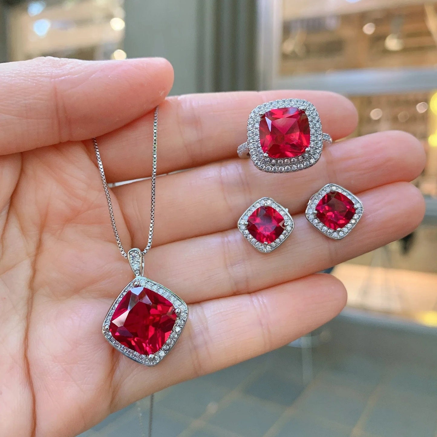 RAKOL ZS036 Hot Selling Luxury Lovely Heart Pendant Necklace Red Zirconia Earring Jewelry Valentine's Gift Wedding Sets 2023