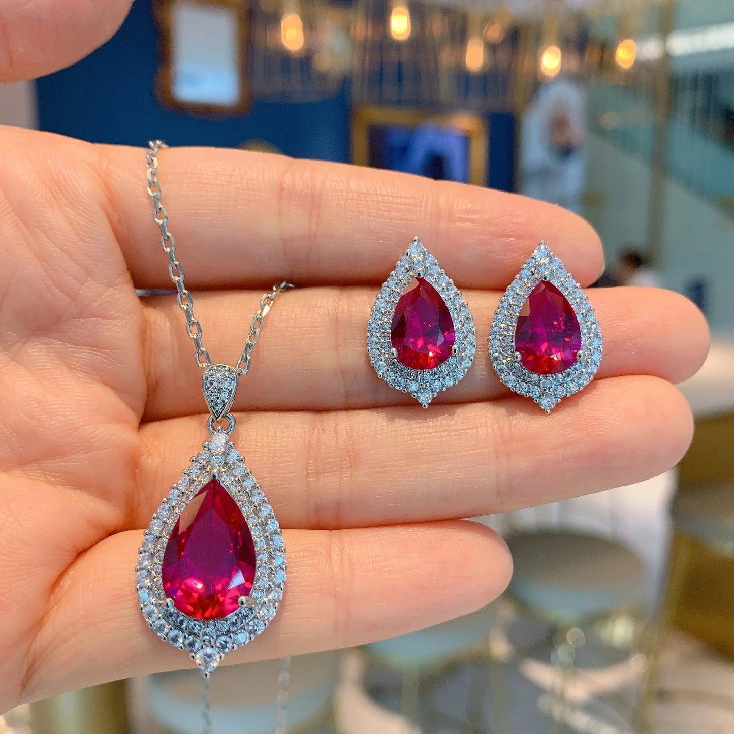 RAKOL ZS036 Hot Selling Luxury Lovely Heart Pendant Necklace Red Zirconia Earring Jewelry Valentine's Gift Wedding Sets 2023