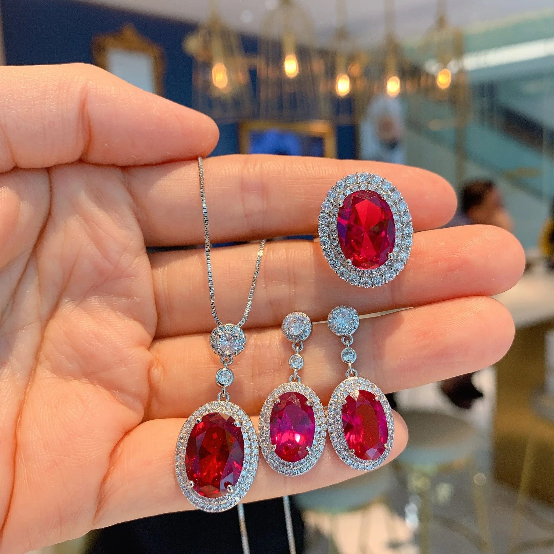RAKOL ZS036 Hot Selling Luxury Lovely Heart Pendant Necklace Red Zirconia Earring Jewelry Valentine's Gift Wedding Sets 2023