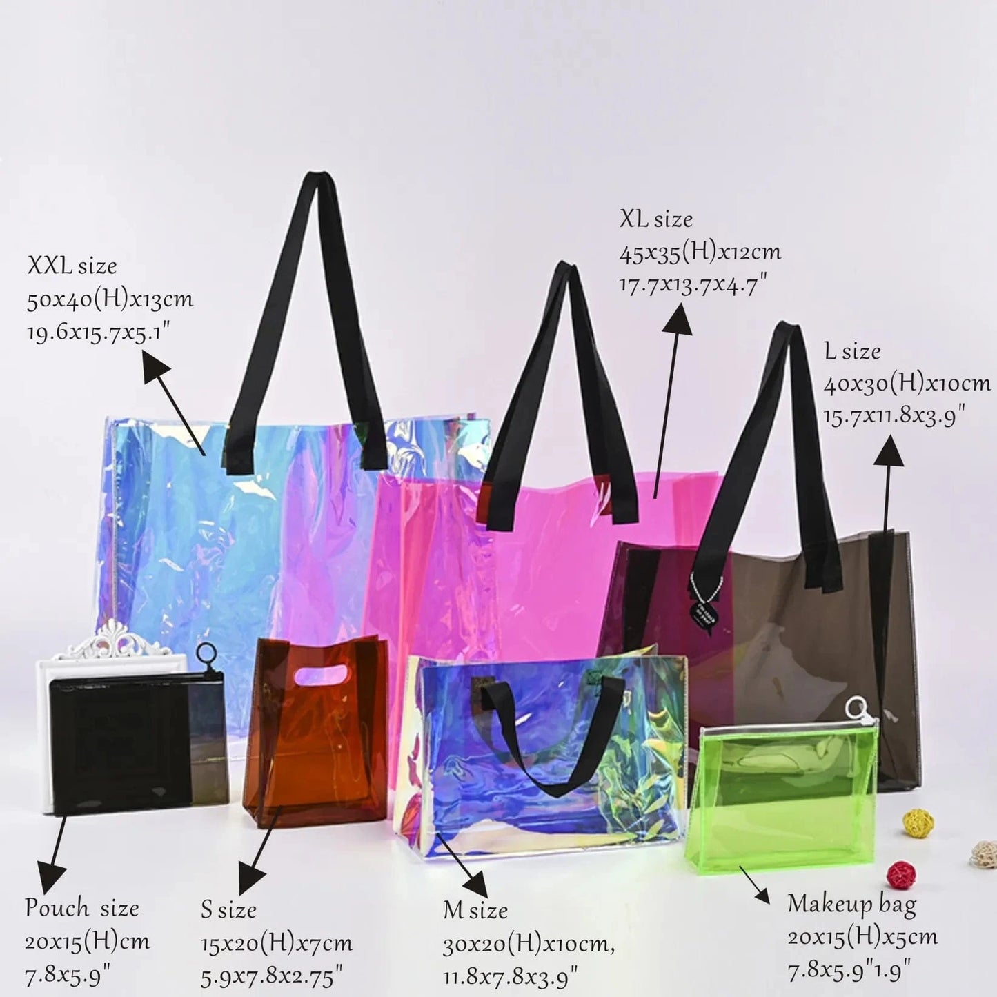 ready to ship can custom logo Luxury Large Handbags Women Tote Bag Pvc Iridescent Holographic Tote Beach Bag PU ribbon handles